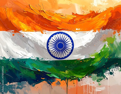A vibrant artistic depiction of a flag with orange, white, and green brushstrokes. A blue wheel is in the center