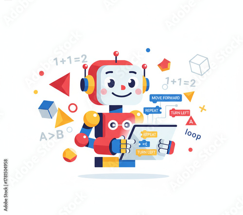 Adorable Robot Learning Code with Equations and Shapes - A Fun Illustration for Tech Education