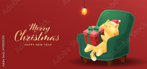 3D Relaxed cat sleeping on green armchair holding Christmas gift under warm holiday lighting atmosphere. Christmas Social Media Post Design Vector Illustration 