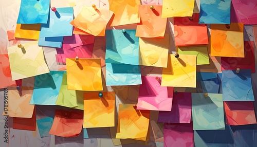 A vibrant artistic depiction of colorful sticky notes pinned to a wall. The notes are in various colors and shapes