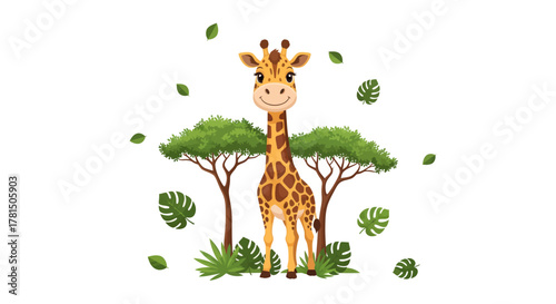 Charming illustration of a cheerful giraffe standing among green trees and