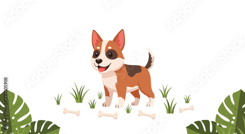 Illustration of a happy little dog, a cheerful puppy standing amidst green