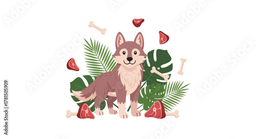 Charming illustration of an adorable canine surrounded by pet food elements