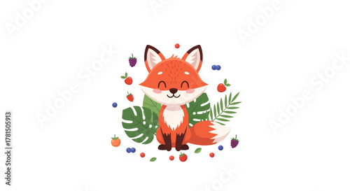 Charming happy cartoon fox illustration surrounded by berries and leaves