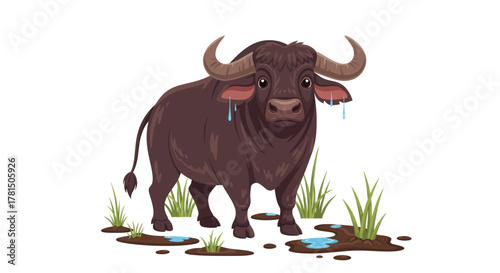 cartoon water buffalo standing in mud puddles with grass illustration art