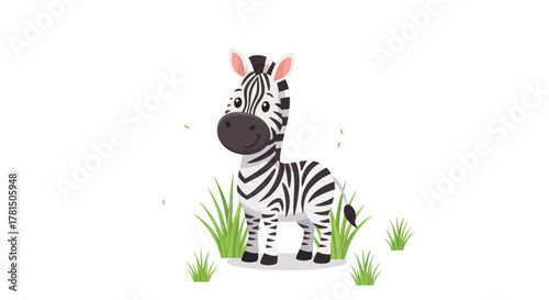 Charming striped zebra child in green grass isolated on white background