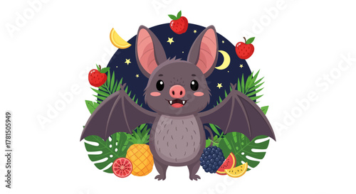 adorable cartoon bat with tropical fruit and night sky scenery