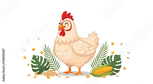 friendly farm fowl with vibrant foliage and golden grain offering