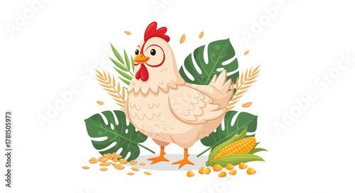 friendly farm fowl with natural setting and scattered grains a delightful