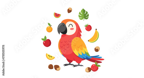 Vibrant illustration of a cheerful parrot surrounded by various fresh fruits