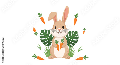 Charming bunny character surrounded by carrots and tropical leaves illustration