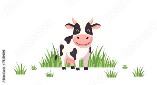 Charming Dairy Cow Standing in Lush Green Pasture Cartoon Illustration
