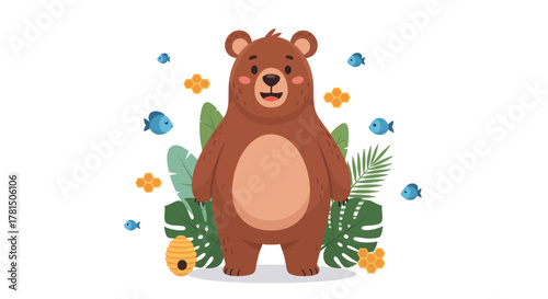 Illustration of a happy cartoon brown bear with fish, honeycomb and leaves
