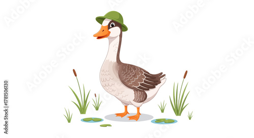 Cartoon waterfowl character in a playful green hat standing by water