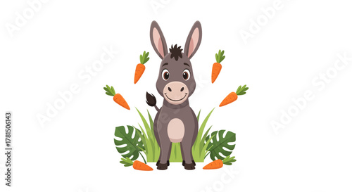 Charming grey donkey surrounded by fresh carrots and green foliage