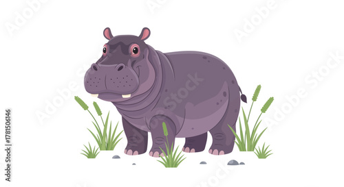 Charming illustrated hippopotamus standing amongst green reeds and grass
