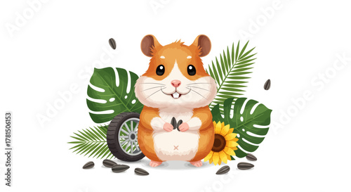 Charming cartoon hamster with sunflower, leaves and a wheel on white background