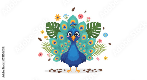 Charming Blue Peacock illustration with vibrant tail feathers and blossoms