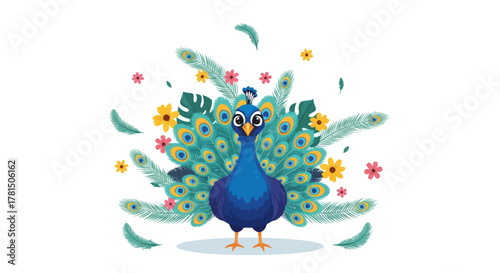 Vibrant blue peacock displaying its magnificent tail feathers with colorful