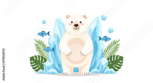 Cute white bear in arctic environment with blue ice and tropical leaves