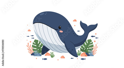 Charming Ocean Dweller: Adorable Blue Whale Amidst Underwater Flora and Fauna