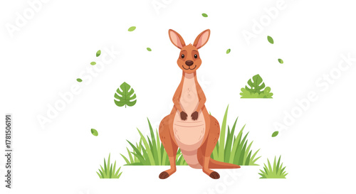 cartoon kangaroo standing with green grass and leaves on white background