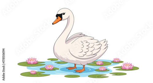 Graceful white swan standing amidst pink water lilies on calm water