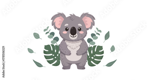 Charming Baby Koala Illustration Amidst Lush Green Foliage on White Background