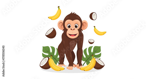 Chimpanzee cute cartoon character with bananas and coconuts illustration