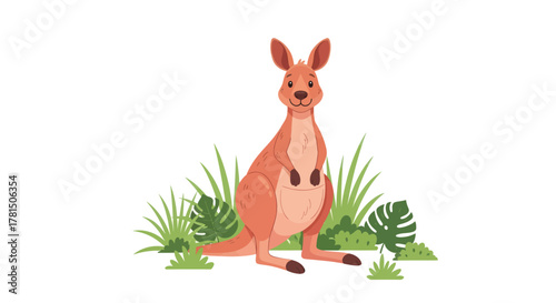 Charming Cartoon Kangaroo Surrounded by Lush Green Foliage on White Background