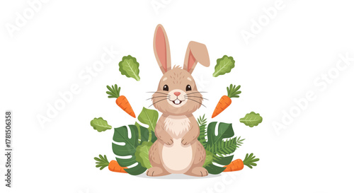 happy little animated rabbit surrounded by fresh carrots and green plants