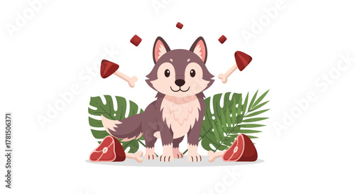 Adorable cartoon wolf puppy illustration surrounded by meat and bones