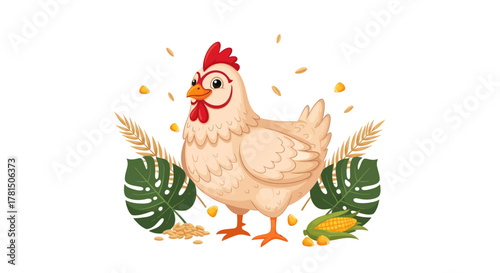 Charming hen with colorful comb and wattle surrounded by natural elements