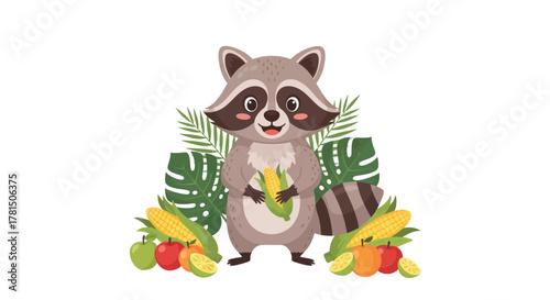 happy raccoon with corn and various fruits illustration and green leaves