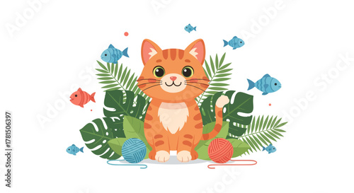 Charming cartoon ginger cat illustration with yarn and tropical leaves