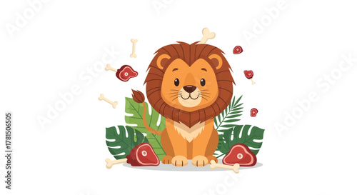adorable cartoon lion character with meat and bones in jungle setting