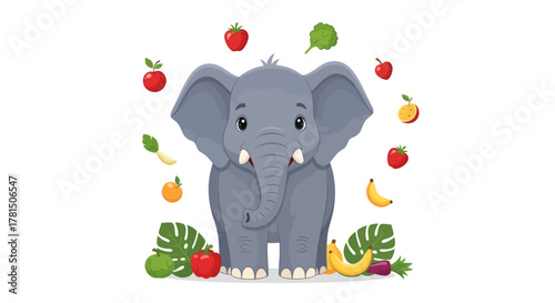 Charming elephant illustration surrounded by a colorful array of fresh fruits