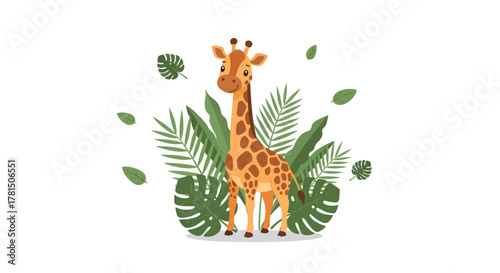 Charming cartoon giraffe illustration surrounded by lush green jungle foliage