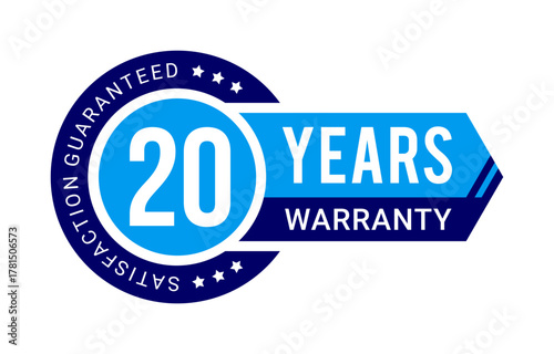Modern 20 years warranty badge vector with satisfaction guaranteed label in blue color with ribbon and arrow