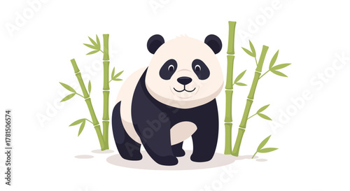 A delightful illustrated panda with charming, happy expression amid bamboo