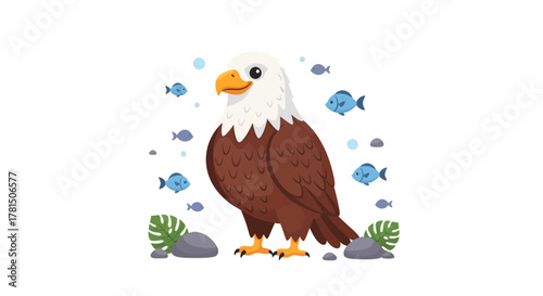 Charming bald eagle illustration amidst playful schools of blue fish