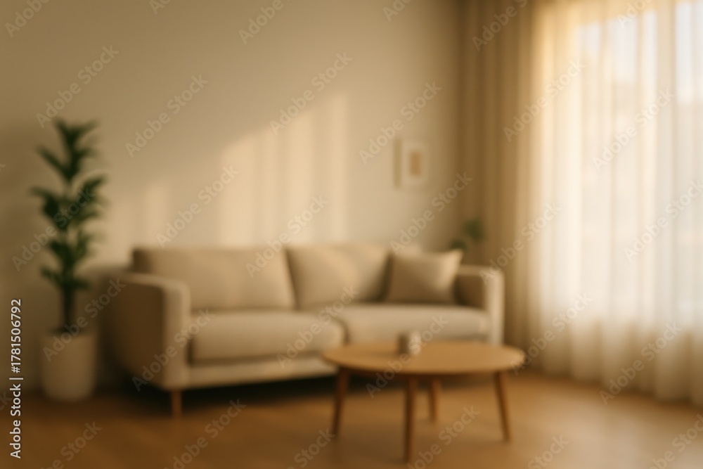 Fototapeta premium Soft focused modern living room interior with neutral tones and sunlight bokeh