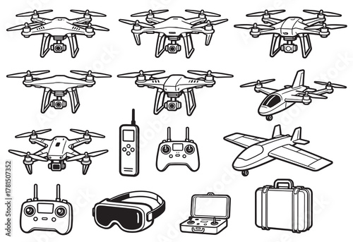 다양한 미니멀 드론 디자인과 액세서리를 묘사한 라인 아트 아이콘 모음