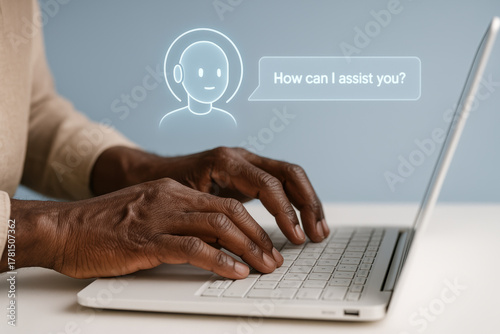 Chatbot assistance interface with person typing on laptop, artificial intelligence customer support technology, digital communication