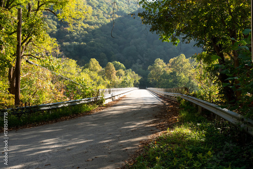 common steel bridge roadway in Appalachia over a river valley and designed to hold large trucks up to 33 gross vehicle weight limit in tons