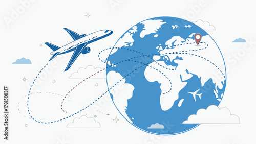 International travel destinations with airplane and world map for global tourism and vacations planning