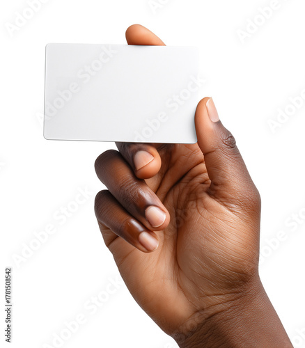 Uma mão negra segurando um cartão em branco sobre fundo transparente.	