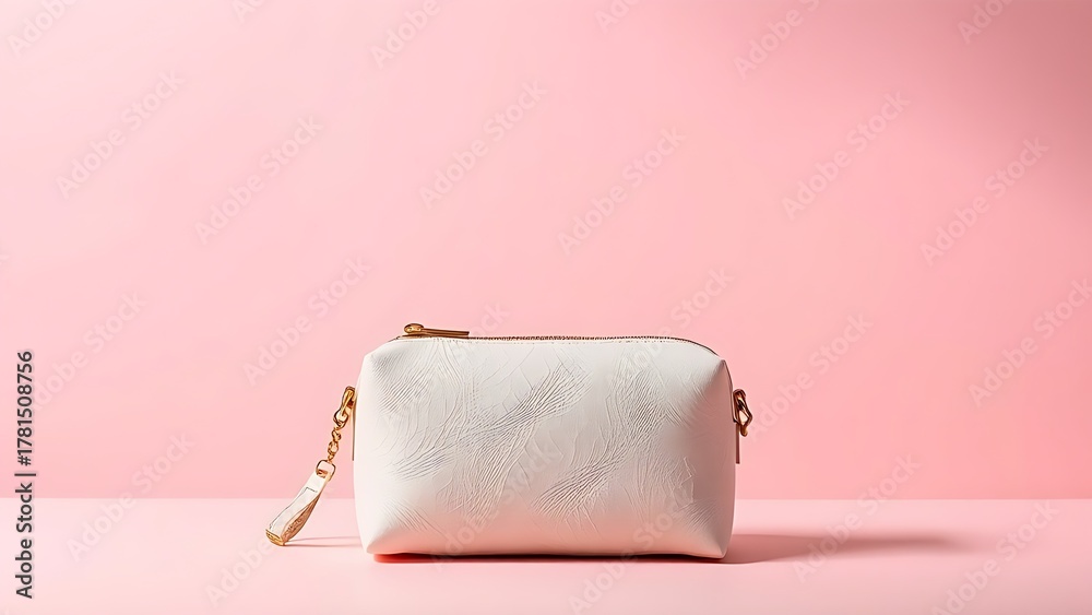 Fototapeta premium Elegant cosmetic bag on soft pink background, highlighting texture and design.