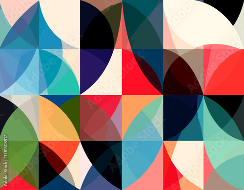 Abstract Geometric Pattern with Colorful Overlapping Shapes.