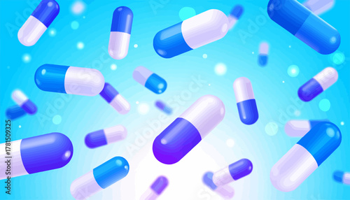 Blue and White Pharmaceutical Capsules Falling Down.